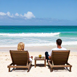 Caribbean Holidays, January Couples Holidays, Romantic couple relaxing on a secluded Tobago beach with sun loungers, turquoise water and gentle waves
