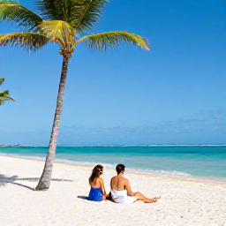 Caribbean Holidays, January Couples Holidays, Romantic couple relaxing on a white sandy beach beneath palm trees in Punta Cana, Dominican Republic