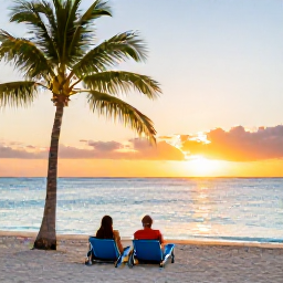 Caribbean Holidays, January Couples Holidays, Romantic couple relaxing on Eagle Beach in Aruba, palm trees, powdery sand, calm blue water and colourful sunset