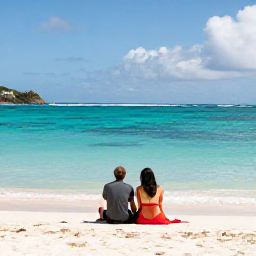 Caribbean Holidays, January Couples Holidays, Romantic couple relaxing on Orient Bay beach in Saint Martin, turquoise water, white sand and a relaxed Caribbean setting