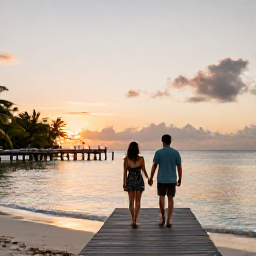 Caribbean Holidays, January Couples Holidays, Romantic couple walking hand in hand along Pigeon Point beach in Tobago at sunset, wooden jetty and calm Caribbean water