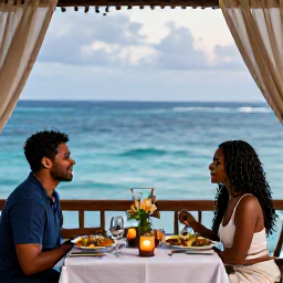 Caribbean Holidays, January Couples Holidays, Romantic outdoor dinner for two in Tobago with local Caribbean food, candles and a view of the sea