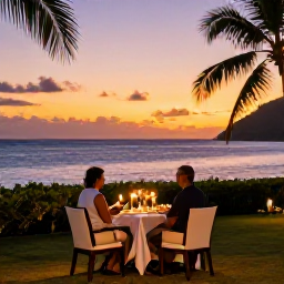 Caribbean Holidays, January Couples Holidays, Romantic outdoor dinner for two overlooking the Caribbean Sea on Saint Kitts at sunset, softly lit table and tropical surroundings