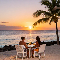 Caribbean Holidays, January Couples Holidays, Romantic sunset dinner for two on a beachfront terrace in The Bahamas, glowing sky over the ocean and gentle palm trees
