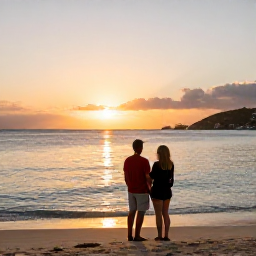 Caribbean Holidays, January Couples Holidays, Romantic sunset over a Caribbean bay with a couple watching from a beach on Saint Martin