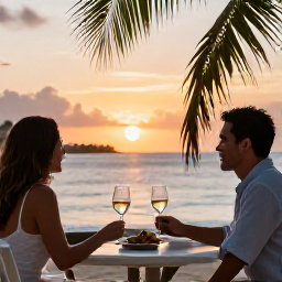 Caribbean Holidays, January Couples Holidays, Romantic sunset over Magens Bay in St Thomas, with two glasses of wine on a beach table and palm trees in the foreground