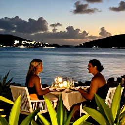 Caribbean Holidays, January Couples Holidays, Romantic waterfront dinner for two at sunset in the British Virgin Islands, with harbour lights, tropical plants and calm sea