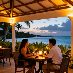 Caribbean Holidays, January Couples, Romantic Barbados restaurant terrace at dusk with candlelit tables, tropical plants and ocean views