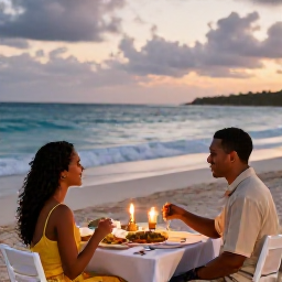 Caribbean Holidays, January Couples, Romantic beachfront dinner for two in Barbados at dusk, with local food, candles and the Caribbean sea beyond