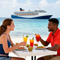 Caribbean Holidays, January Cruises, A couple enjoying a relaxed lunch and colourful drinks at a waterside restaurant in Grand Turk