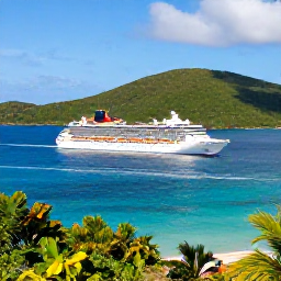 Caribbean Holidays, January Cruises, A cruise ship sailing past the green islands and turquoise bays of the British Virgin Islands in bright January sunshine
