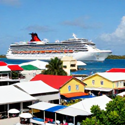 Caribbean Holidays, January Cruises, A lively Caribbean harbour with colourful buildings, local markets and a cruise ship nearby