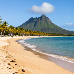 Caribbean Holidays, January Cruises, A peaceful golden-sand beach on Nevis with calm Caribbean water, palm trees and views towards the green volcanic peak of Nevis Peak