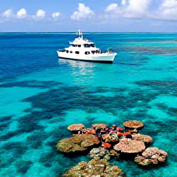 Caribbean Holidays, January Cruises, A small boat carrying snorkellers over a vibrant coral reef in clear turquoise water near Grand Turk
