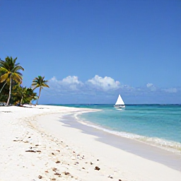 Caribbean Holidays, January Cruises, A small boat sailing between the Grenadine islands past white beaches, palm trees and clear blue Caribbean water