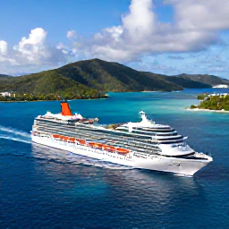 Caribbean Holidays, January Cruises, A stylish cruise ship approaching the turquoise waters and green islands of the British Virgin Islands in bright January sunshine
