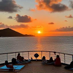 Caribbean Holidays, January Cruises, A sunset cruise beside the coast of the United States Virgin Islands, with guests relaxing on deck and warm orange light over the sea