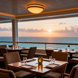 Caribbean Holidays, January Cruises, An elegant cruise ship dining area overlooking the Atlantic at sunset, with Bermuda visible in the distance