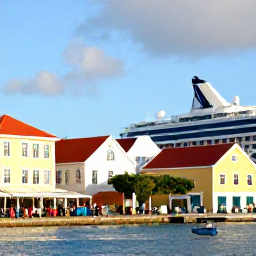 Caribbean Holidays, January Cruises, Colourful waterfront buildings and small shops along the harbour in Charlotte Amalie, St Thomas, with cruise passengers exploring in warm sunshine