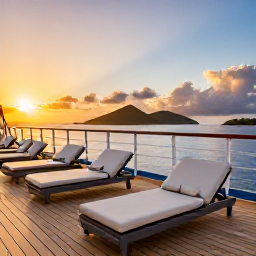 Caribbean Holidays, January Cruises, Elegant cruise ship deck at sunset overlooking the British Virgin Islands, with comfortable loungers and warm evening light