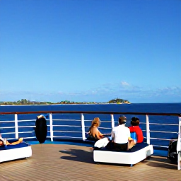 Caribbean Holidays, January Cruises, Passengers relaxing on a Caribbean cruise deck with palm-fringed islands visible in the distance