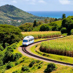 Caribbean Holidays, January Cruises, Scenic railway winding through lush green countryside on Saint Kitts, with sugar cane fields, rainforest hills and the Caribbean Sea visible in the distance