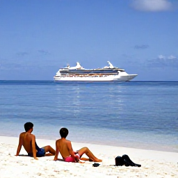 Caribbean Holidays, January Cruises, Travellers relaxing on a quiet Caribbean beach in the Grenadines, with calm water, snorkelling gear and a cruise ship in the distance
