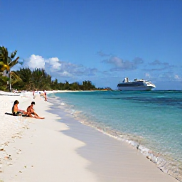 Caribbean Holidays, January Cruises, Travellers relaxing on a white sandy beach beside clear shallow water at Grand Turk, Turks and Caicos, under a sunny winter sky