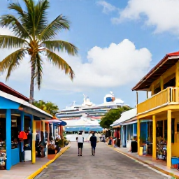 Caribbean Holidays, January Cruises, Visitors exploring colourful streets and waterfront shops at Port Zante in Basseterre, with palm trees, local crafts and a cruise ship in the background