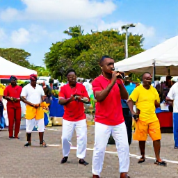 Caribbean Holidays, January Culture, Colourful January street festival in Basseterre, Saint Kitts, with local musicians, dancers and warmly dressed visitors