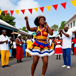 Caribbean Holidays, January Culture, Colourful traditional festival street scene in Kingstown, Saint Vincent, with local musicians, dancers and Caribbean decorations