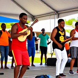 Caribbean Holidays, January Culture, Friendly local musicians performing calypso and soca at a January cultural celebration in Saint Kitts, with dancing visitors