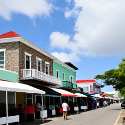 Caribbean Holidays, January Culture, Historic stone buildings and colourful streets in Basseterre, Saint Kitts, with visitors exploring a lively market