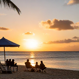 Caribbean Holidays, January Culture Holidays, Warm sunset over a quiet Saint Martin beach with visitors enjoying a relaxed cultural holiday atmosphere