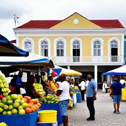 Caribbean Holidays, January Culture, Kingstown market in January with colourful fruit stalls, local shoppers and historic Caribbean buildings
