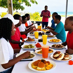 Caribbean Holidays, January Culture, Local Virgin Islands food served at an outdoor January gathering, including seafood, johnnycakes, tropical fruit and traditional Caribbean dishes