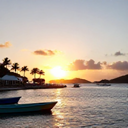 Caribbean Holidays, January Culture, Relaxed January sunset over the harbour in the United States Virgin Islands, with colourful boats, palm trees and warm evening light