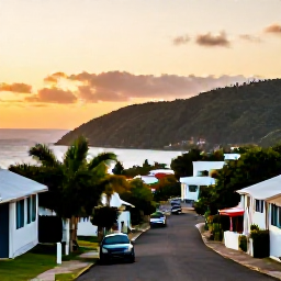 Caribbean Holidays, January Culture, Sunset view over the coastline and green hills of Nevis, with a quiet village street and warm evening light