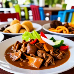 Caribbean Holidays, January Culture, Traditional Caribbean food served at a small outdoor restaurant in Saint Kitts, including goat water stew, saltfish and fresh vegetables