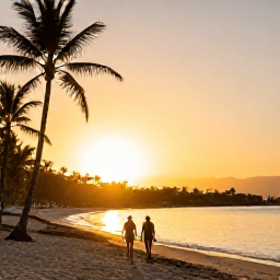 Caribbean Holidays, January Cura&ccedil;ao Holidays, Golden sunset over a quiet Cura&ccedil;ao beach with palm trees and a relaxed couple walking along the shore