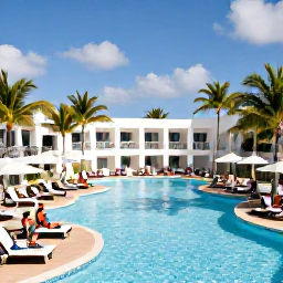 Caribbean Holidays, January Cura&ccedil;ao Holidays, Guests relaxing around a stylish Cura&ccedil;ao all-inclusive resort pool with palm trees and bright sunshine