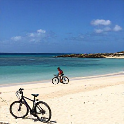 Caribbean Holidays, January Cycling, Cyclist beside a quiet Caribbean beach in Cura&ccedil;ao, bicycle in foreground, clear water and rocky shoreline