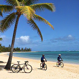 Caribbean Holidays, January Cycling, Cyclist enjoying a quiet palm-fringed beach in Martinique after a morning ride, with a bicycle resting near the sand