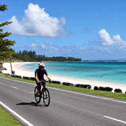 Caribbean Holidays, January Cycling, Cyclist on a peaceful coastal road overlooking turquoise water and sandy beaches in Tobago