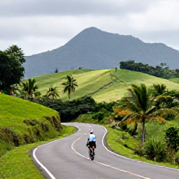 Caribbean Holidays, January Cycling, Cyclist on a scenic road through Puerto Rico countryside, surrounded by green hills, palm trees and distant mountains