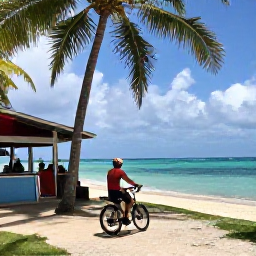 Caribbean Holidays, January Cycling, Cyclist resting beside a beach in Puerto Rico with turquoise water, palm trees and a small roadside caf&eacute;