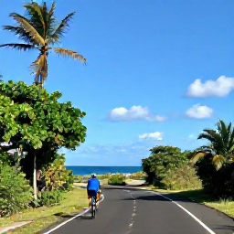 Caribbean Holidays, January Cycling, Cyclist riding a quiet coastal road in Puerto Rico beneath a bright January sky, with tropical greenery and the Caribbean Sea nearby