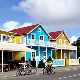 Caribbean Holidays, January Cycling, Cyclist stopping in a colourful Martinique village, with French-Caribbean houses, a caf&eacute; terrace and bicycles in the foreground