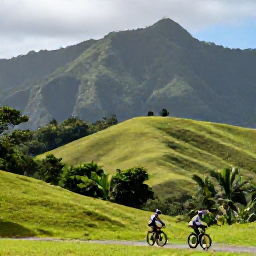 Caribbean Holidays, January Cycling, Cyclist travelling through green hills and tropical woodland in Trinidad, with dramatic mountain scenery