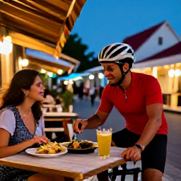 Caribbean Holidays, January Cycling, Friendly cyclist enjoying a meal and chilled drink at an outdoor caf&eacute; in Willemstad, Cura&ccedil;ao, evening atmosphere